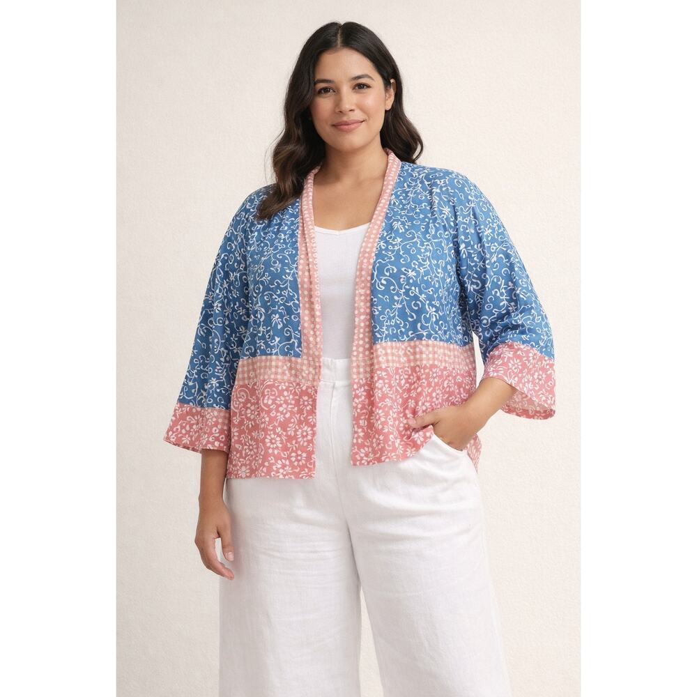 Marketplace Handwork of India Cotton Blue Pink Patterned Kimono Jacket Sz 1W/2W